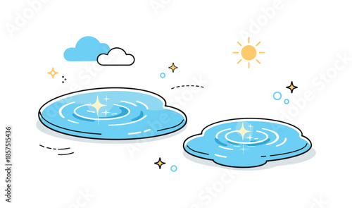 Sunlit Puddles Delight. Sunlight reflected in puddles. Simple water puddles with gentle sun highlights and soft ripples, expressing freshness after rain. Clean