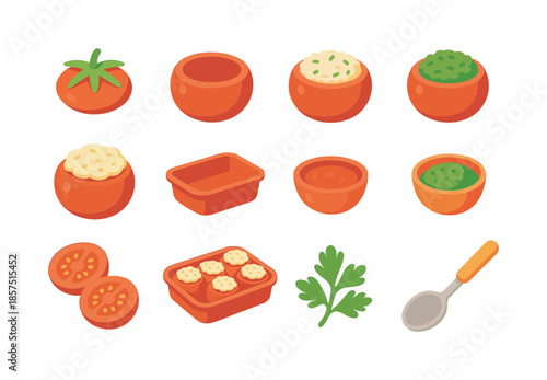 Stuffed Tomato Icons. Stuffed tomatoes. Colorful flat vector icons set of stuffed tomatoes: tomato tops, scooped tomato, rice filling, herb filling, cheese