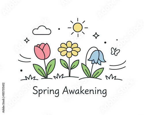 Spring's Gentle Bloom. Spring awakening preview. Flowers partially blooming with gentle motion lines suggesting growth and warmth. Soft, hopeful atmosphere of