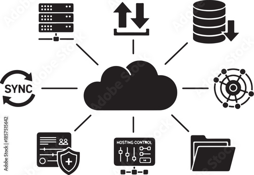 Cloud computing services diagram showing data storage synchronization and security icons