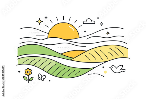 Abstract Spring Landscape. Abstract spring landscape. Flowing shapes representing fields, sky, and sun arranged in a modern, symbolic composition. The mood