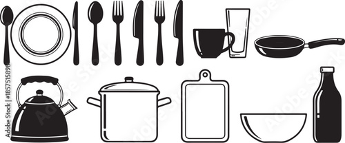 Collection of simple black and white kitchen utensils and cookware icons