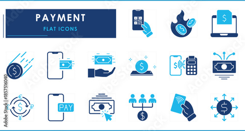 A set of flat icons related to Payment. Pay, digital, cardless, QR, document, currency, and so on.
