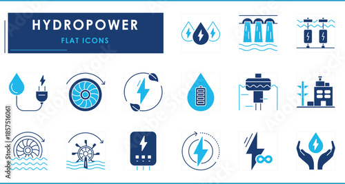 A set of flat icons related to Hydropower. Hydro, energy, water, dynamo, generator, green energy, dam, and so on.
