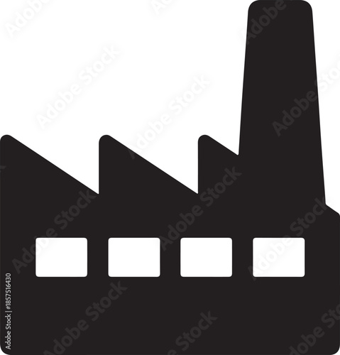 Black factory building silhouette with smokestack and windows industrial