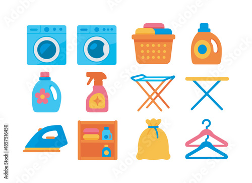 Laundry Room Essentials. Laundry room essentials. Colorful flat vector icons set of laundry room essentials: washing machine, dryer, laundry basket, detergent