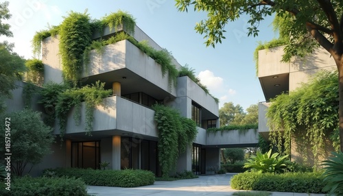 Wallpaper Mural Concrete brutalist building integrates with nature. Lush green plants cascade down terraces and balconies. Modern eco architecture offers sustainable urban living. Torontodigital.ca