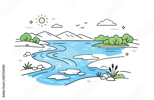 Spring Thaw Landscape. Thawed Rivers and Lakes. Calm spring landscape where ice has melted, revealing flowing water between soft riverbanks. Fresh seasonal