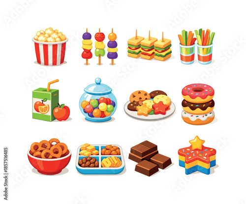 Colorful Party Snacks. Party Snacks. Colorful flat vector icons set of Party Snacks: popcorn bucket, fruit skewers, mini sandwiches, veggie cups, juice box,