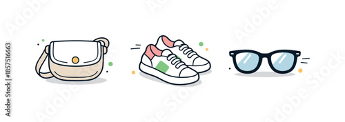 Spring Fashion Icons. Spring fashion essentials icons. Crossbody bag, sneakers and sunglasses displayed as a small icon system. Casual spring look, comfort and