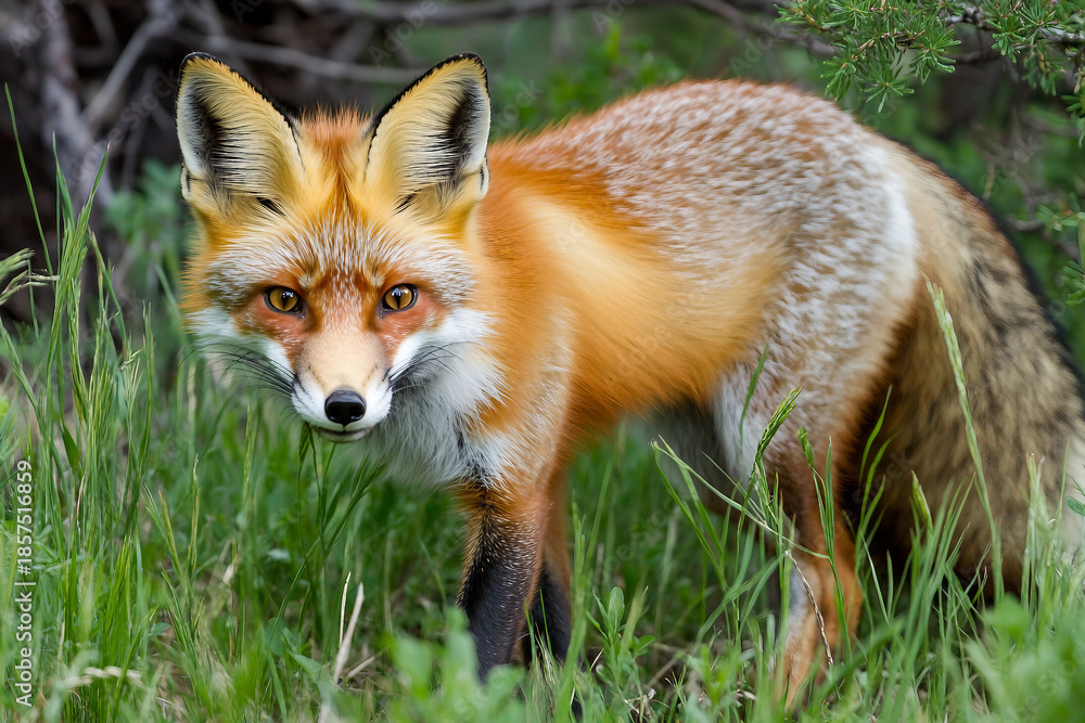 Fototapeta premium Generative AI image of curious wild red fox peeking from behind tree trunk in green summer forest with soft natural lighting