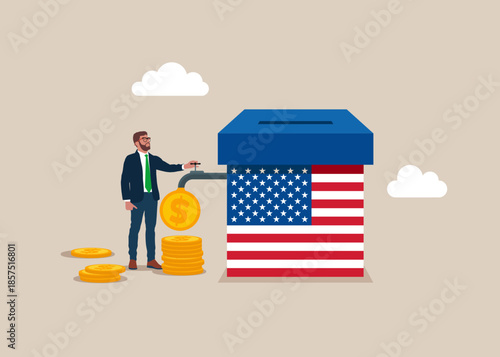Businessman with box with flag USA and opening water tap. Dollar coins out of the tap. Charity fundraising and generosity.  Flat vector illustration 