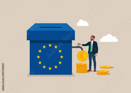 Businessman with box with European Union and  opening water tap. Dollar coins out of the tap. Charity fundraising and generosity.  Flat vector illustration 