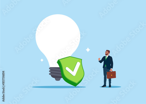 Protection of access to light bulb. Brand privacy. Copyright reserved or product trademark that cannot copy concept, intellectual property, patented protection. Vector illustration in flat style.