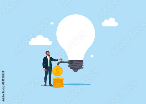 Businessman with brightly lit light bulb and opening water tap. Dollar coins out of the tap. Business idea to make money or profit. Flat vector illustration