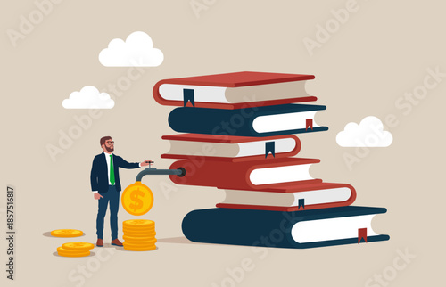 Businessman with stacks of books and  opening water tap. Dollar coins out of the tap. Good rating, positive reviews, prestigious university. Payment for education. Tuition fees, scholarship. 