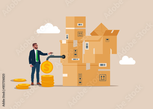 Businessman with boxs and opening water tap. Dollar coins out of the tap. Procurement and purchasing company equipments, goods and service, audit and checking price.  Flat vector illustration
