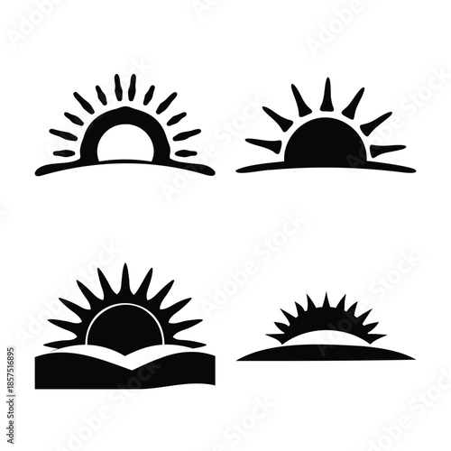 Collection of sun rising and setting minimalist black silhouette icons and symbols
