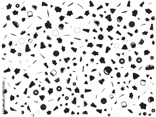 Abstract monochrome pattern with scattered tiny black shapes creating a dynamic background isolated on white background, Vector