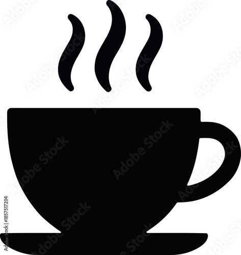 Black silhouette of a steaming coffee cup on a saucer hot drink beverage