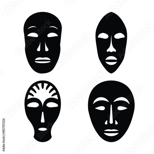 Collection of traditional african tribal masks in simple black and white silhouette design