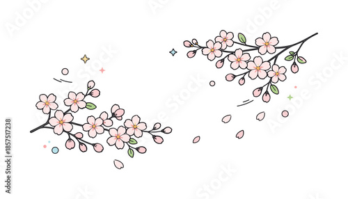 Cherry Blossom Serenity. Cherry blossom branches illustration. Delicate sakura branches with small blooming flowers arranged in a calm, airy composition. Soft