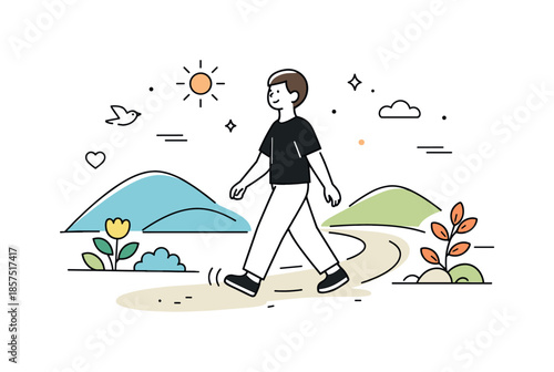 Mindful Path Stroll. Mindful walk. A character slowly walking along a simple natural path with plants and hills nearby. Feeling of presence, relaxation, and