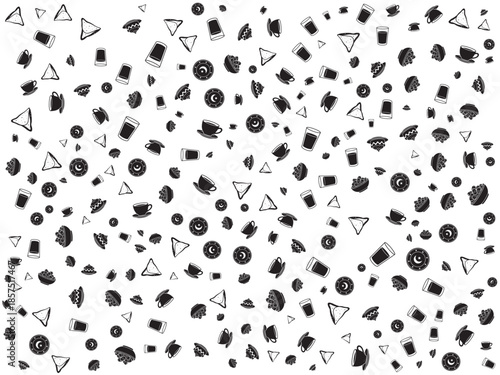 A delightful black and white seamless pattern featuring an array of breakfast and snack items isolated on white background, Vector