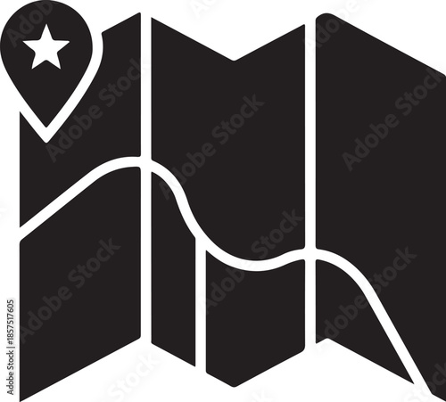Simple black and white icon representing a folded map with a location marker