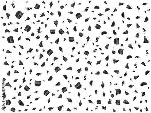 Seamless pattern featuring a variety of classic fast food and snack items in a distressed black silhouette style isolated on white background, Vector