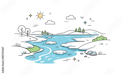 Spring Thaw Landscape. Thawed Rivers and Lakes. Calm spring landscape where ice has melted, revealing flowing water between soft riverbanks. Fresh seasonal