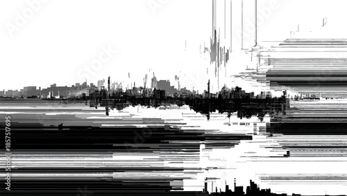 Glitchy cityscape with distorted lines and shapes on white background