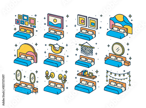 Colorful Headboard Decor Icons. Headboard wall decor. Colorful isometric vector icons set of Headboard wall decor: gallery wall above headboard, oversized