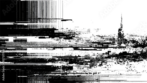 Glitchy distorted digital screen with black and white lines and pixels