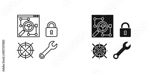 Black and white security and tools with lock wrench and magnifying glass