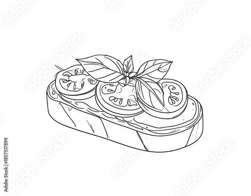 Elegant bruschetta sketch: a delightful appetizer line art illustration