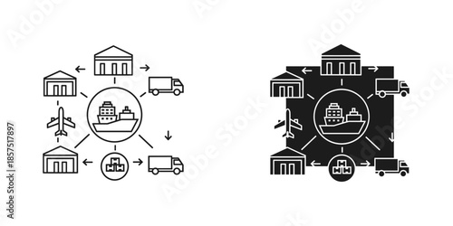 Black and white shipping logistics network diagram with transportation