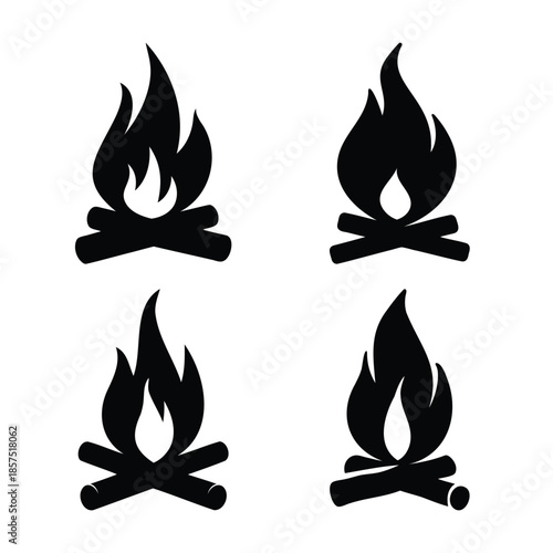 Collection of stylized campfire icons depicting warmth and outdoor adventure themes
