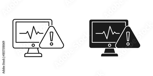 Two computer monitors displaying heart rate graphs with warning symbols