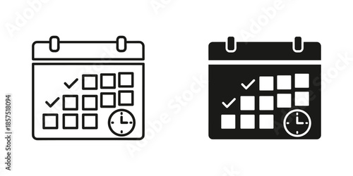 Two calendars with checkmarks and clock schedule time
