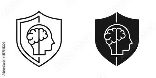 Two shields with brain and profile head in white and black