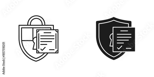 Two Shield with Document and Keyhole Symbols in Black and White