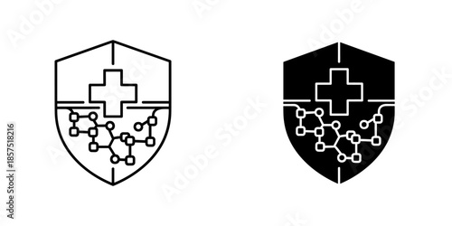 Two shields with medical cross and circuit board symbols in black and white