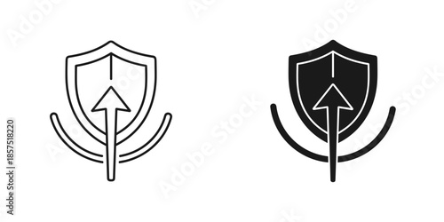 Two shields with upward arrows and curved lines in black and white