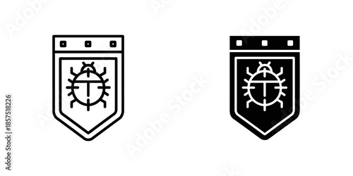 Two shields with virus in white and black outline