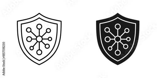 Two shields with interconnected node diagrams in black and white