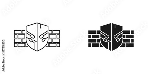 Black and white brick wall with shield and wrench tool