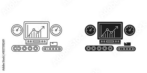 Black and white computer monitor with graphs and gauges