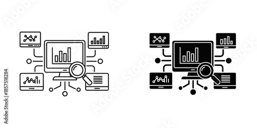 Black and white computer network analysis with magnifying glass