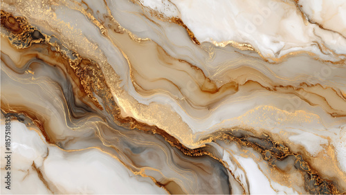 Marble texture with gold and brown swirls on white background
